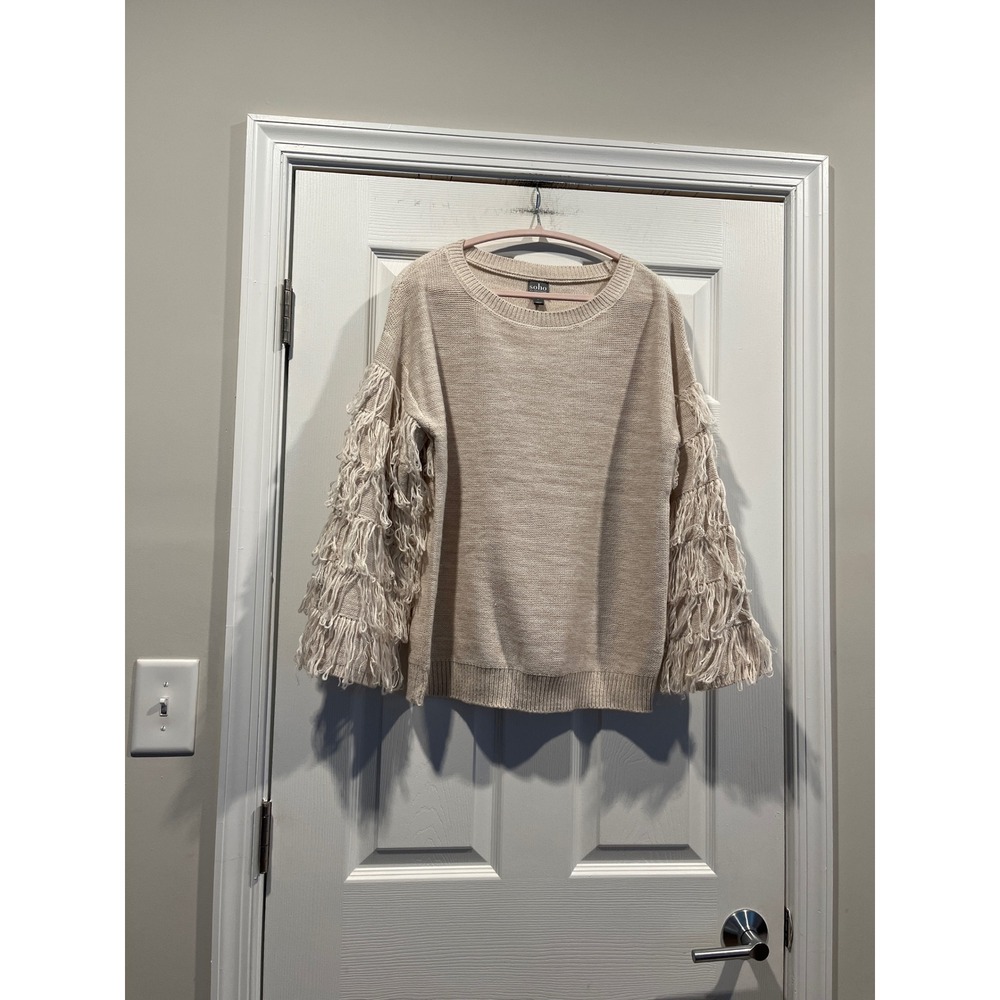 Soho New York & Company Jeans Beige Fringe Sleeve Knit Sweater Large Boho Crew